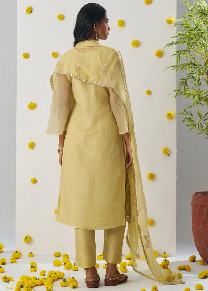 Blonde Yellow Crush Organza Salwar Suit with Floral Embroidery work