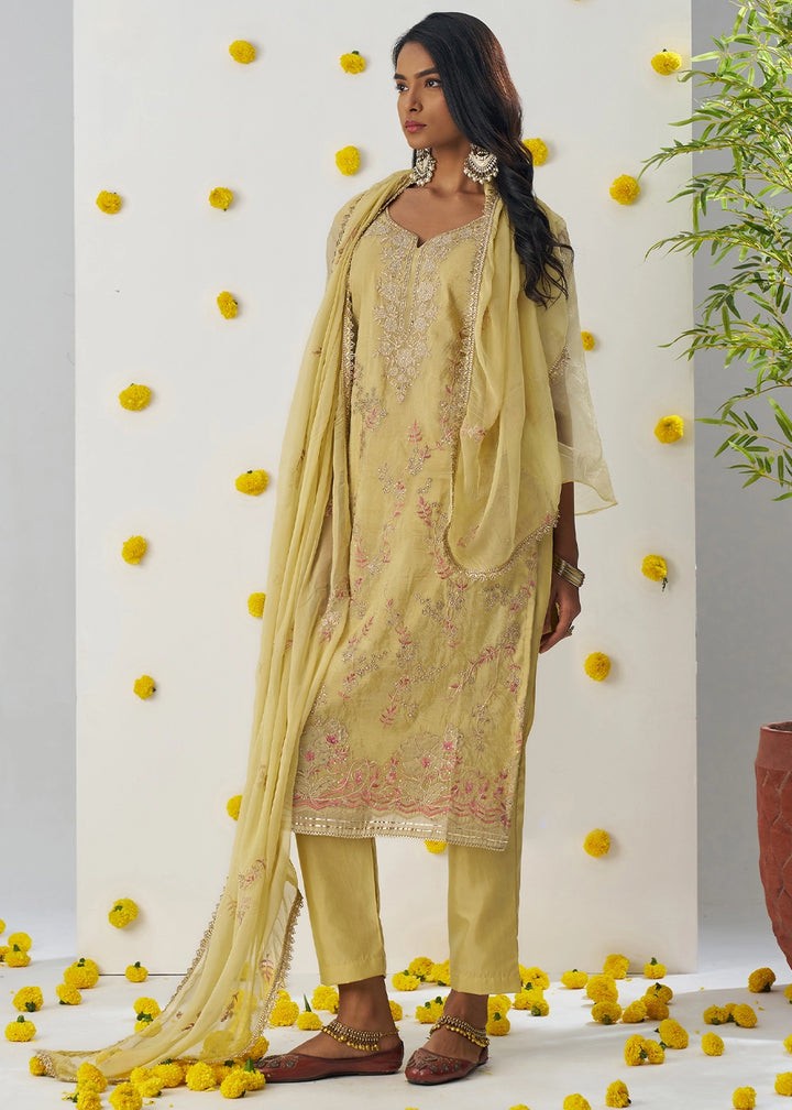 Blonde Yellow Crush Organza Salwar Suit with Floral Embroidery work