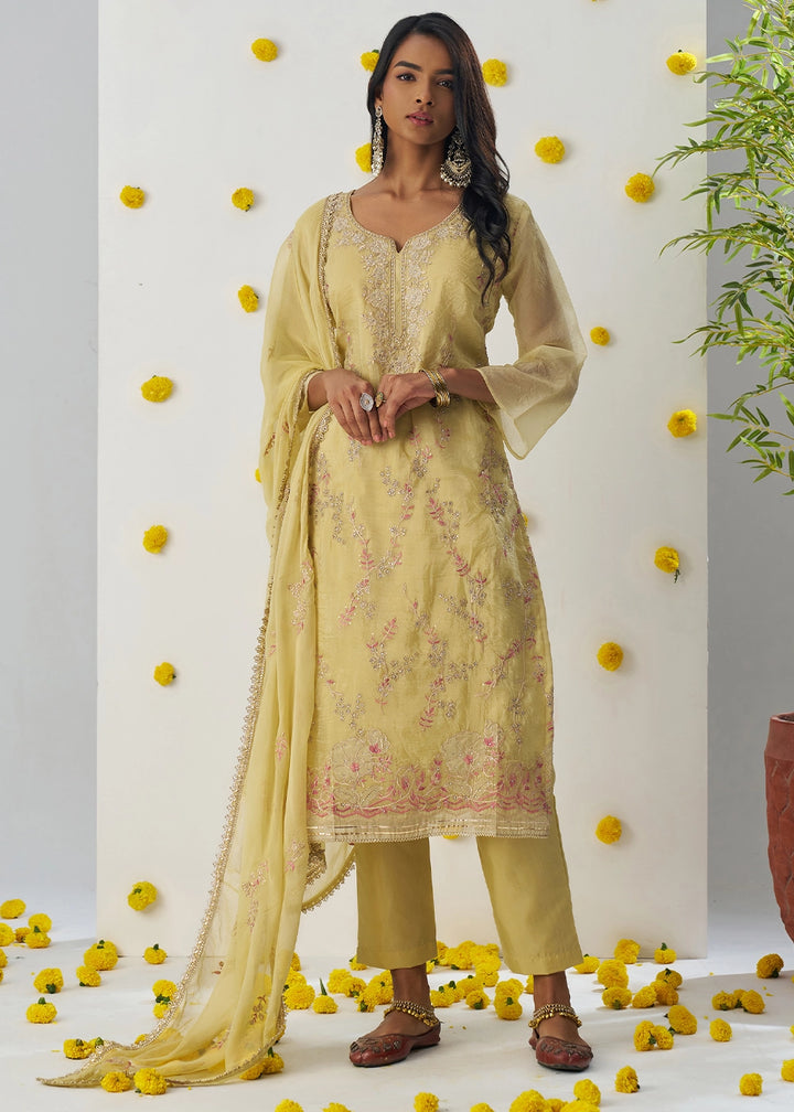 Blonde Yellow Crush Organza Salwar Suit with Floral Embroidery work