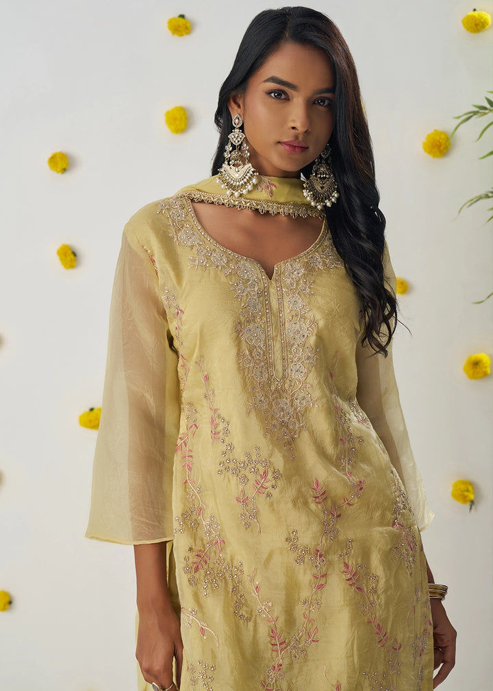 Blonde Yellow Crush Organza Salwar Suit with Floral Embroidery work
