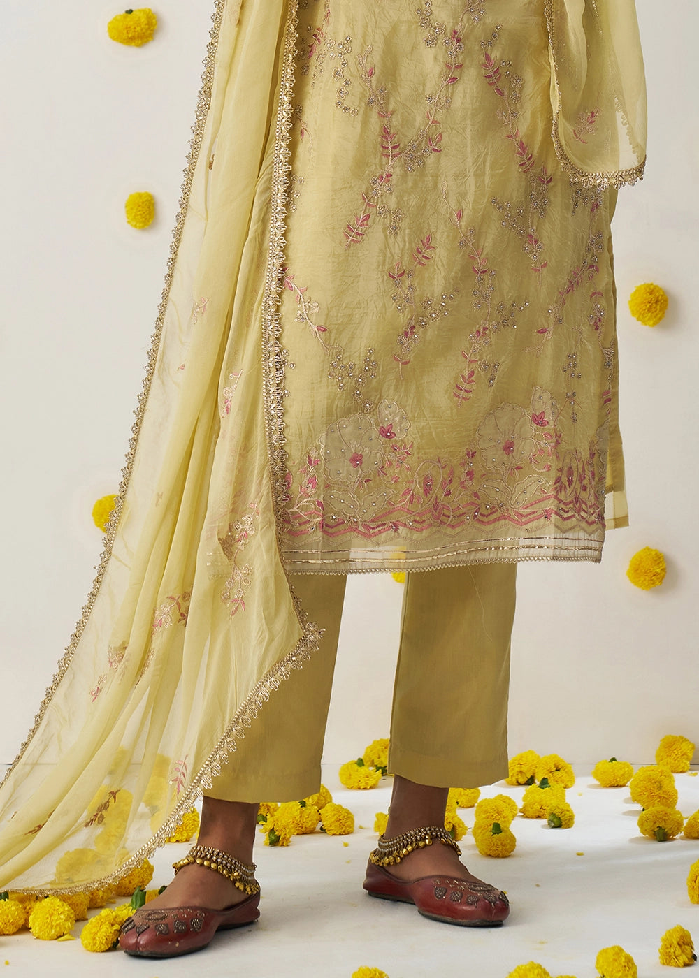 Blonde Yellow Crush Organza Salwar Suit with Floral Embroidery work