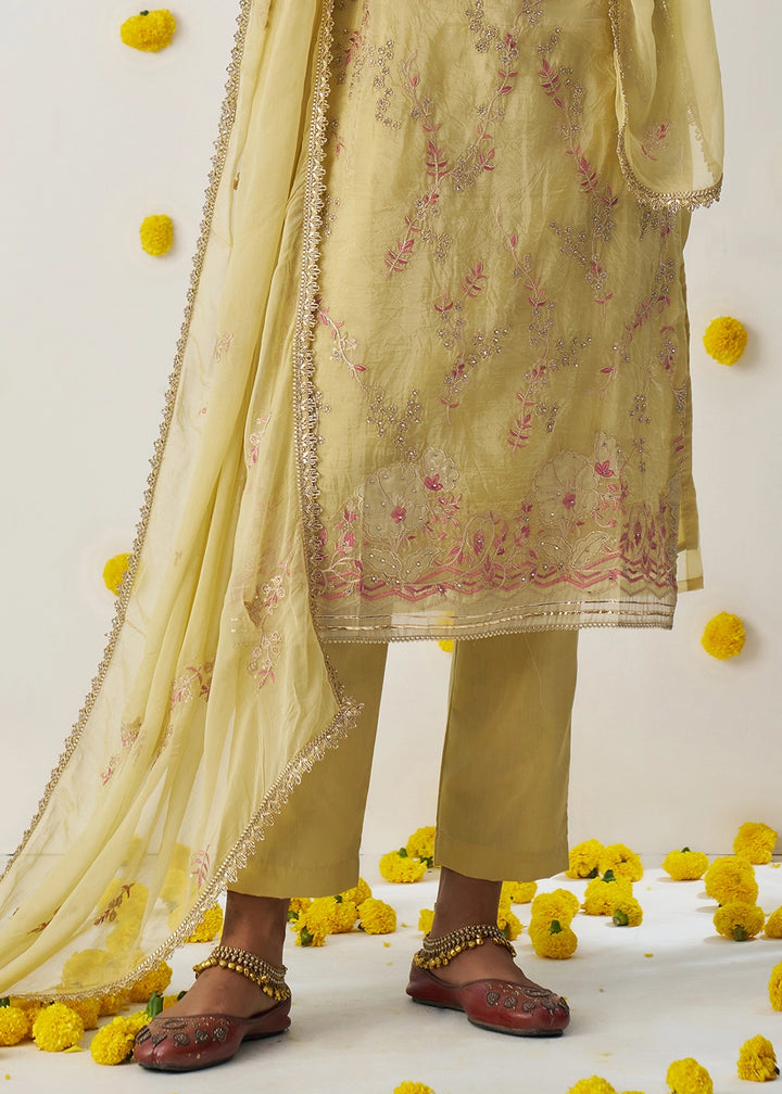 Blonde Yellow Crush Organza Salwar Suit with Floral Embroidery work