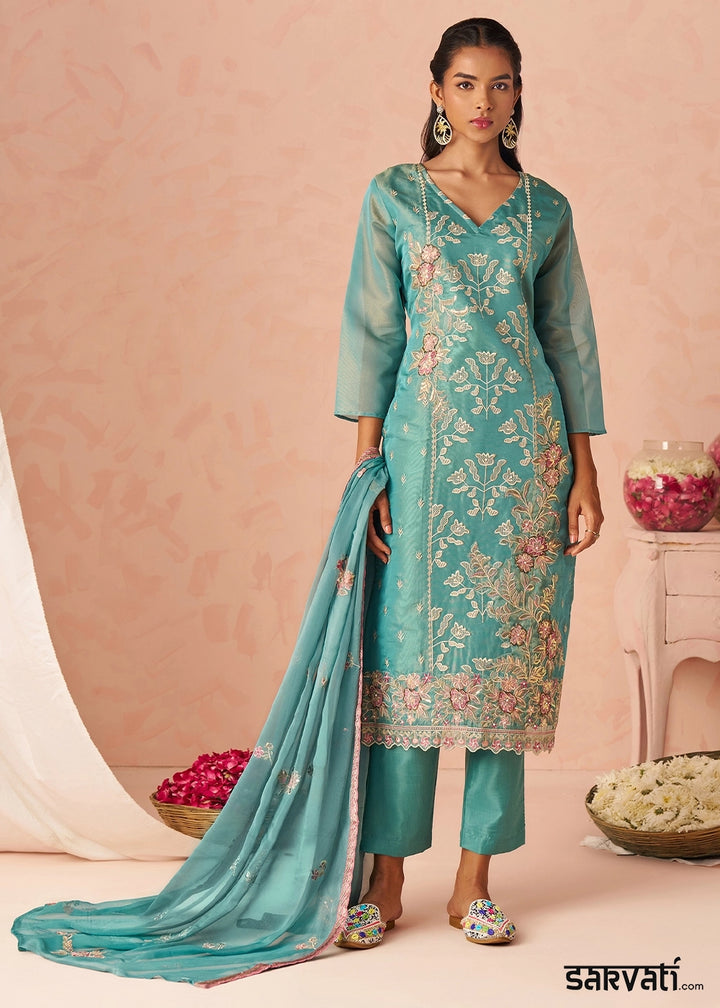Iris Blue Floral Embroidered Silk Straight Suit with Chiffon Dupatta