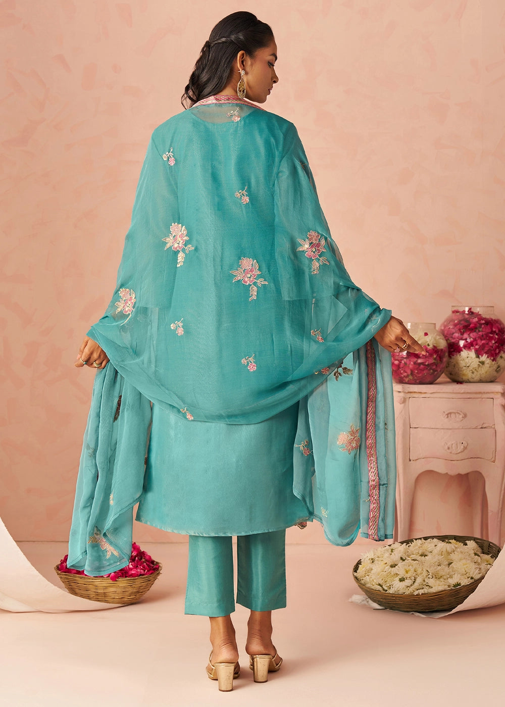 Iris Blue Floral Embroidered Silk Straight Suit with Chiffon Dupatta