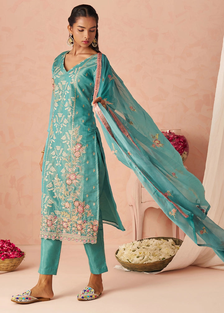 Iris Blue Floral Embroidered Silk Straight Suit with Chiffon Dupatta