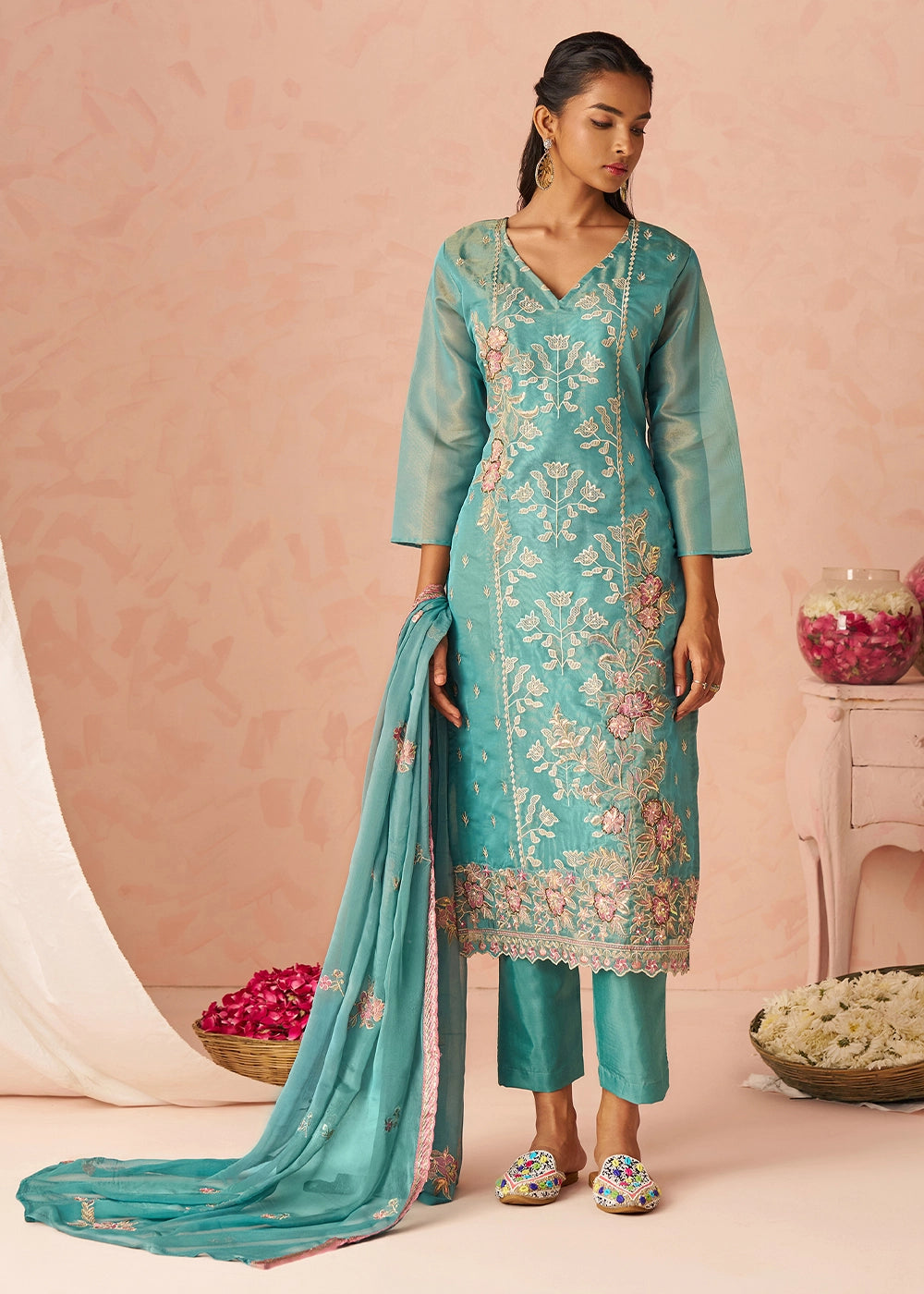 Iris Blue Floral Embroidered Silk Straight Suit with Chiffon Dupatta