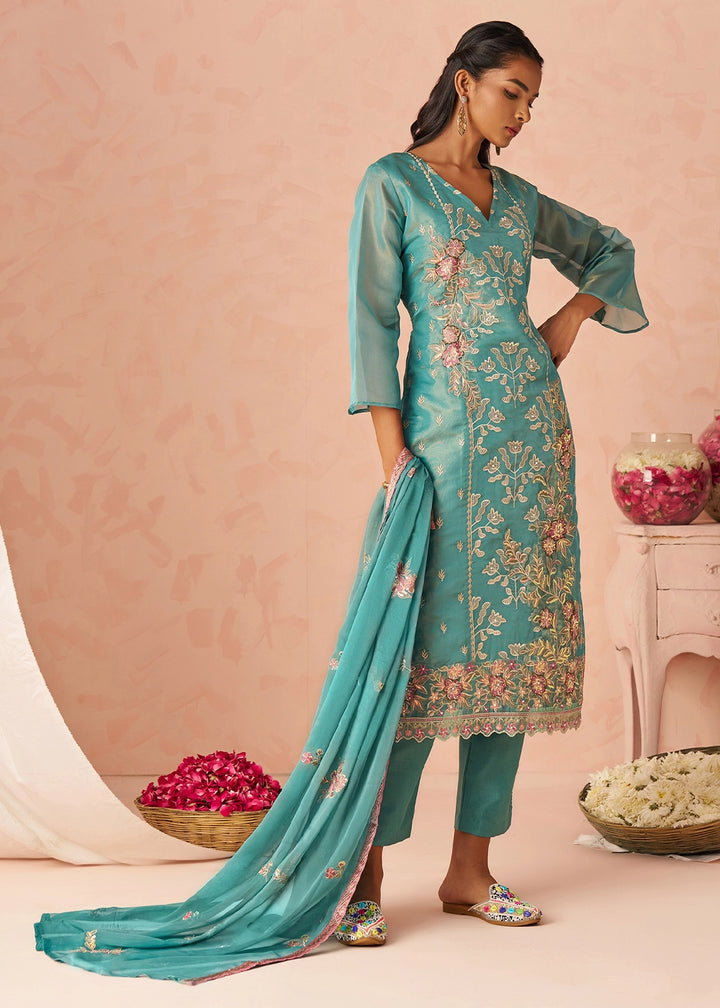 Iris Blue Floral Embroidered Silk Straight Suit with Chiffon Dupatta