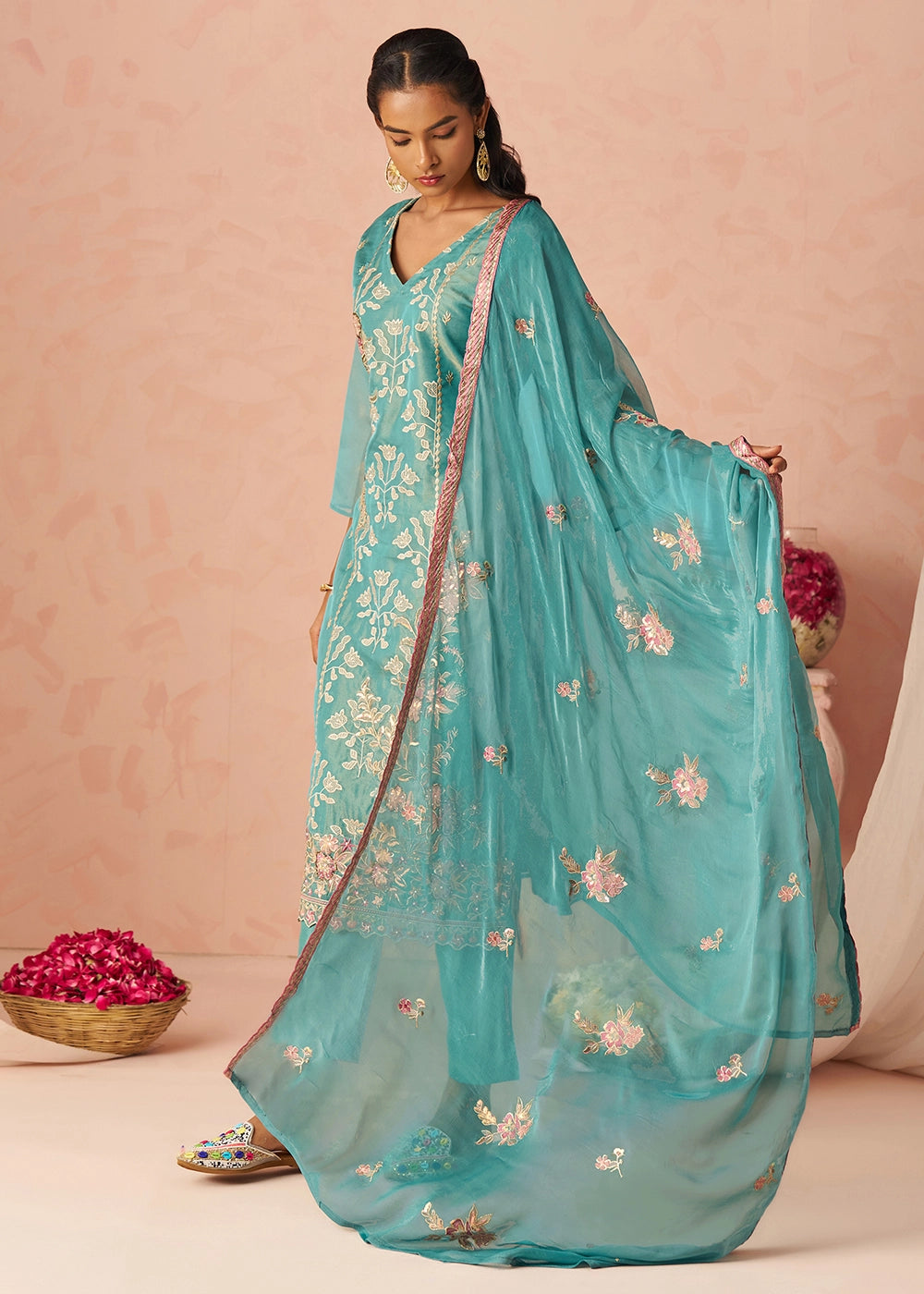 Iris Blue Floral Embroidered Silk Straight Suit with Chiffon Dupatta