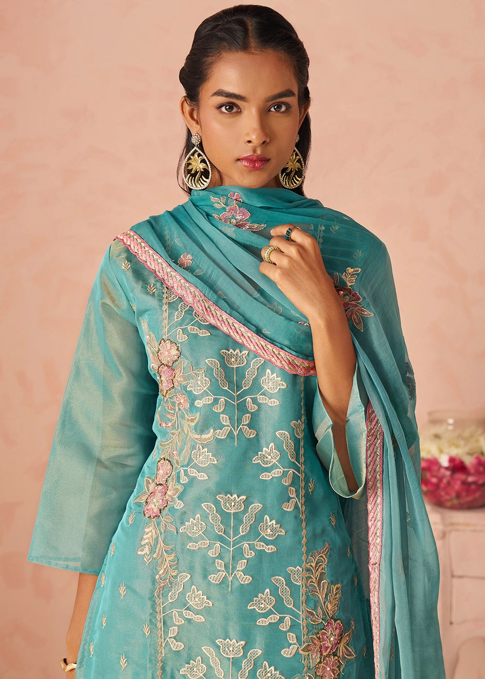 Iris Blue Floral Embroidered Silk Straight Suit with Chiffon Dupatta