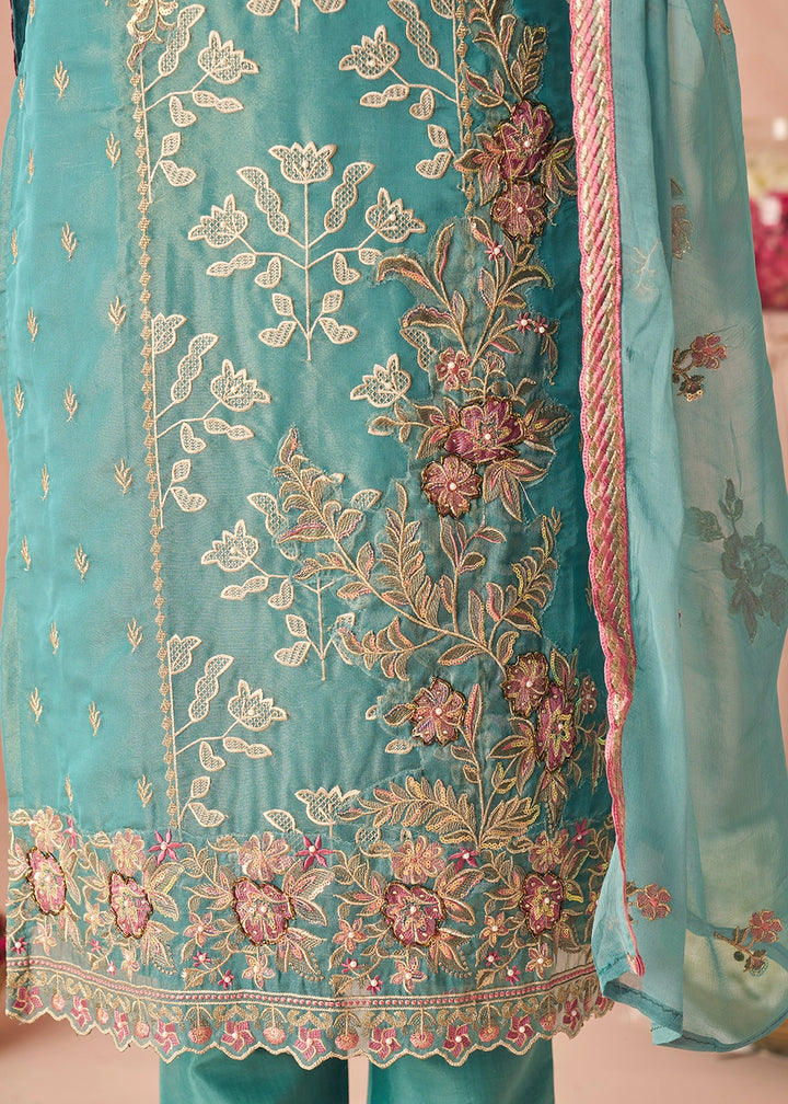Iris Blue Floral Embroidered Silk Straight Suit with Chiffon Dupatta