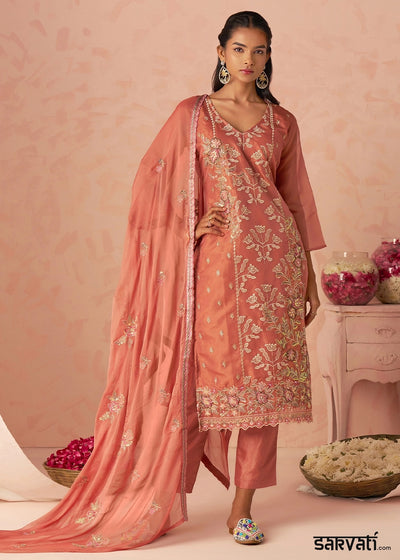 African Mahagony Brown Floral Embroidered Silk Straight Suit with Chiffon Dupatta