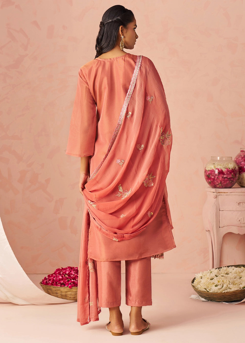 African Mahagony Brown Floral Embroidered Silk Straight Suit with Chiffon Dupatta