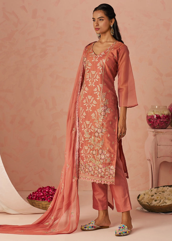 African Mahagony Brown Floral Embroidered Silk Straight Suit with Chiffon Dupatta