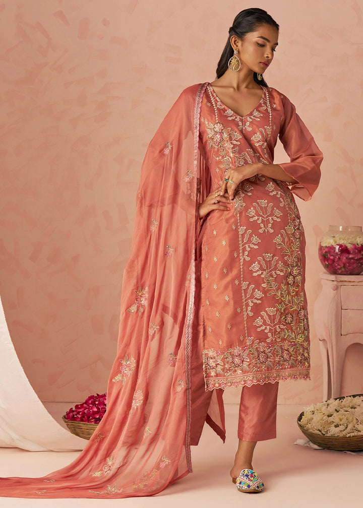 African Mahagony Brown Floral Embroidered Silk Straight Suit with Chiffon Dupatta