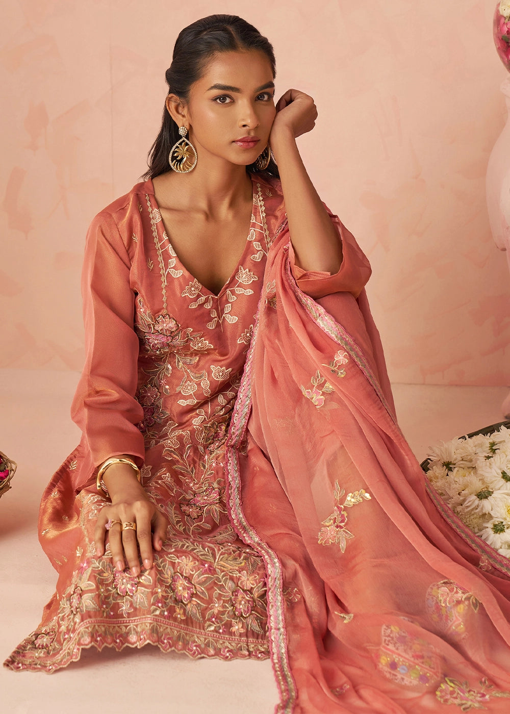 African Mahagony Brown Floral Embroidered Silk Straight Suit with Chiffon Dupatta