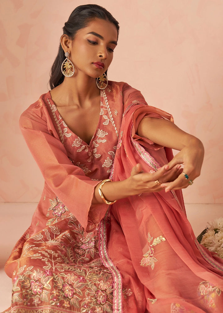 African Mahagony Brown Floral Embroidered Silk Straight Suit with Chiffon Dupatta