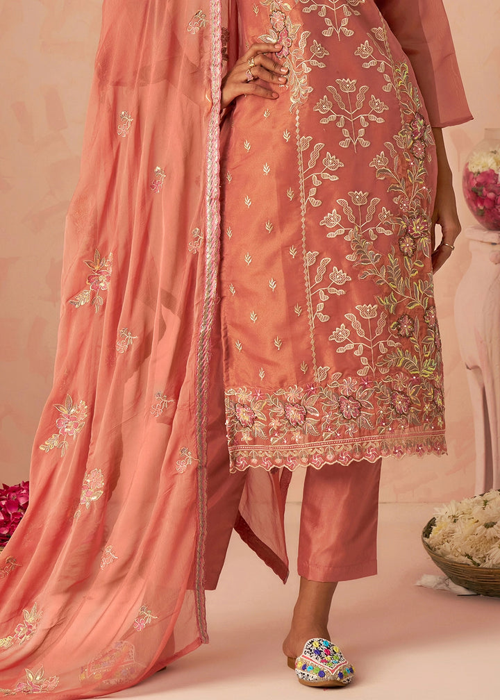 African Mahagony Brown Floral Embroidered Silk Straight Suit with Chiffon Dupatta