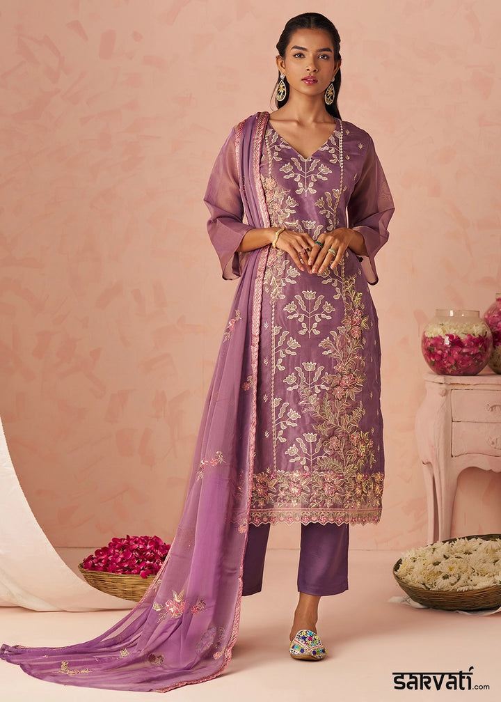 Royal Purple Floral Embroidered Silk Straight Suit with Chiffon Dupatta