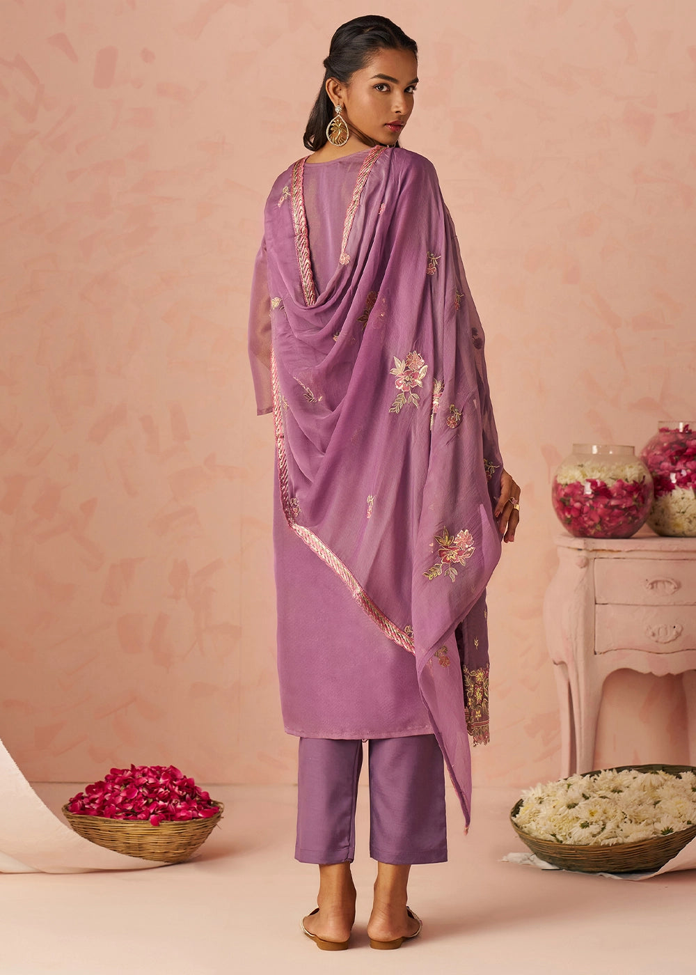Royal Purple Floral Embroidered Silk Straight Suit with Chiffon Dupatta