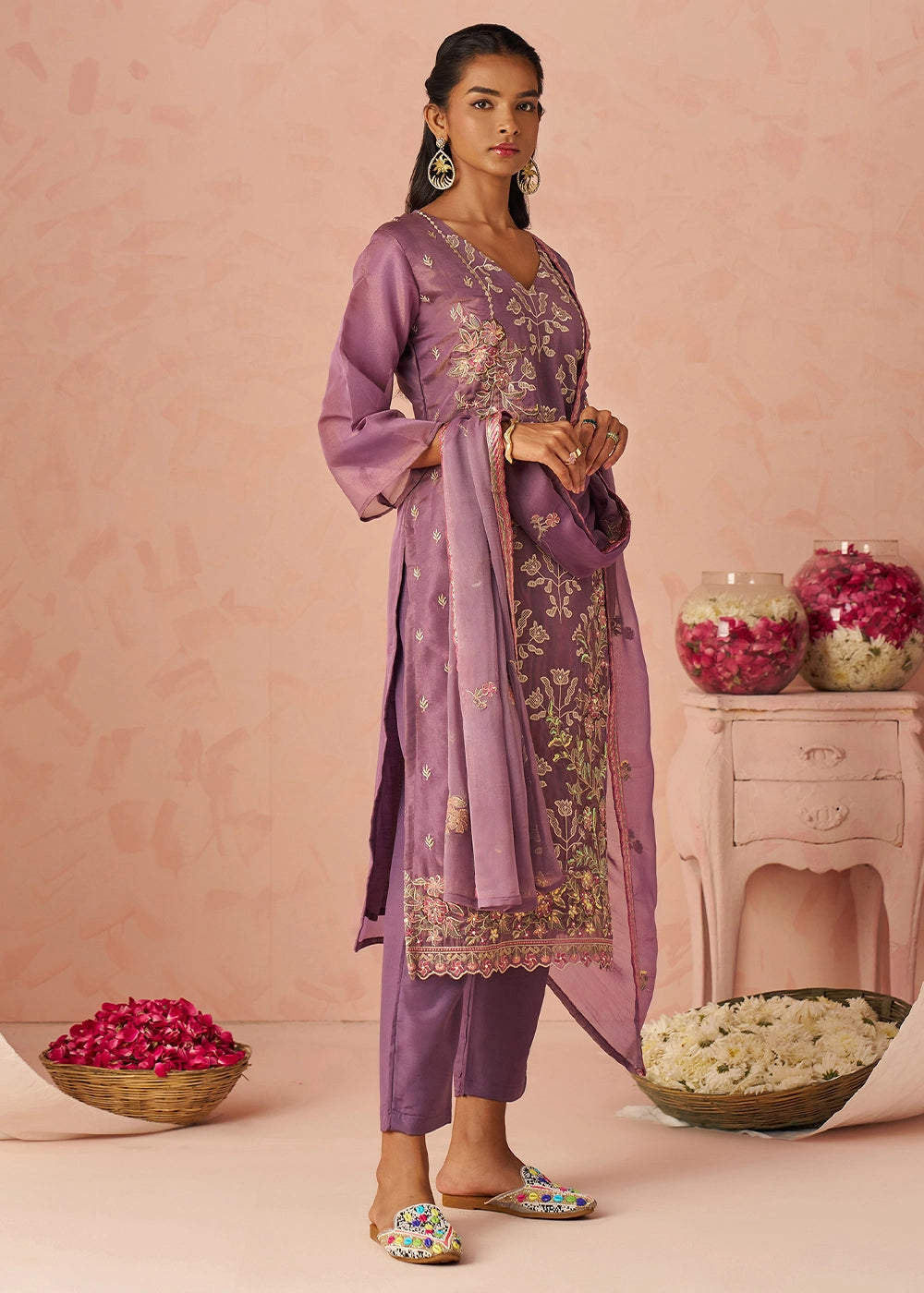 Royal Purple Floral Embroidered Silk Straight Suit with Chiffon Dupatta