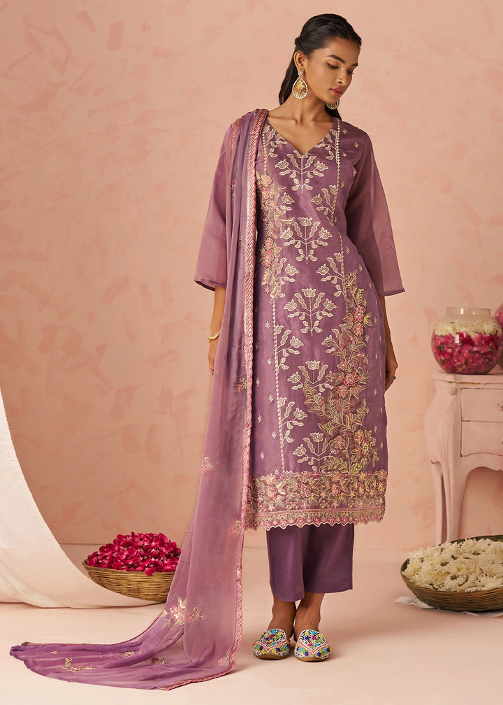 Royal Purple Floral Embroidered Silk Straight Suit with Chiffon Dupatta