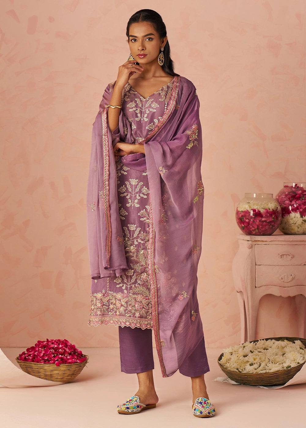Royal Purple Floral Embroidered Silk Straight Suit with Chiffon Dupatta