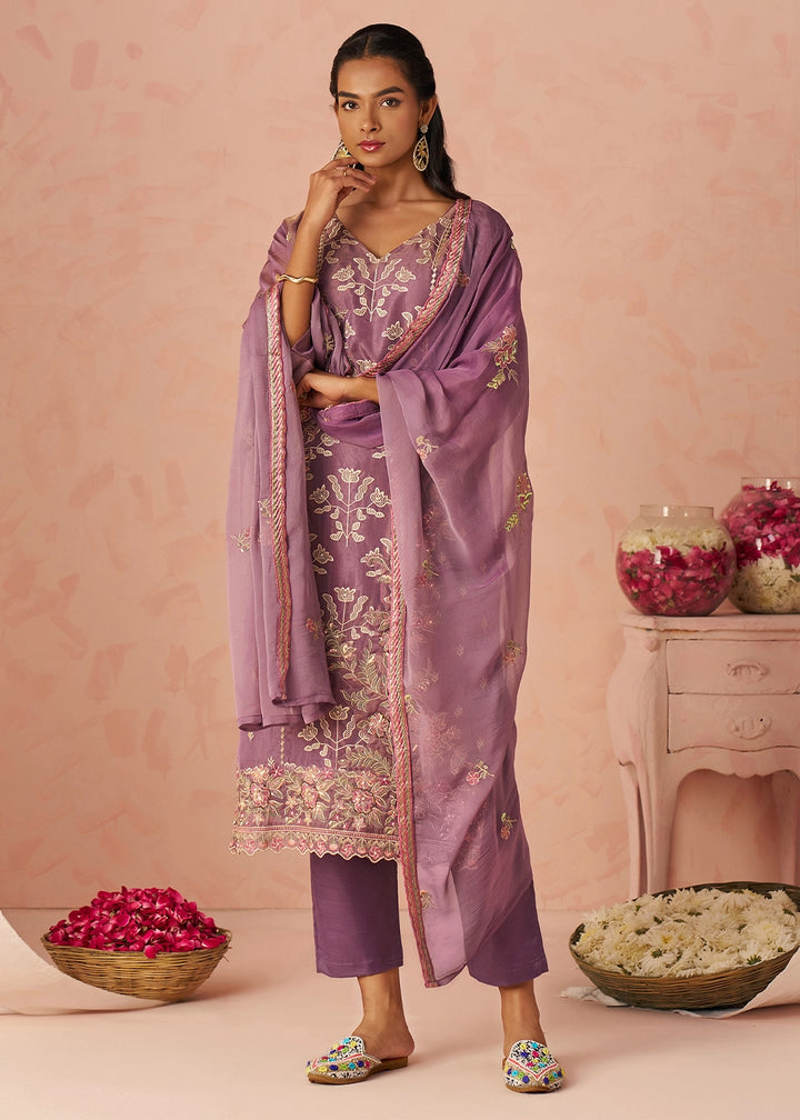 Royal Purple Floral Embroidered Silk Straight Suit with Chiffon Dupatta