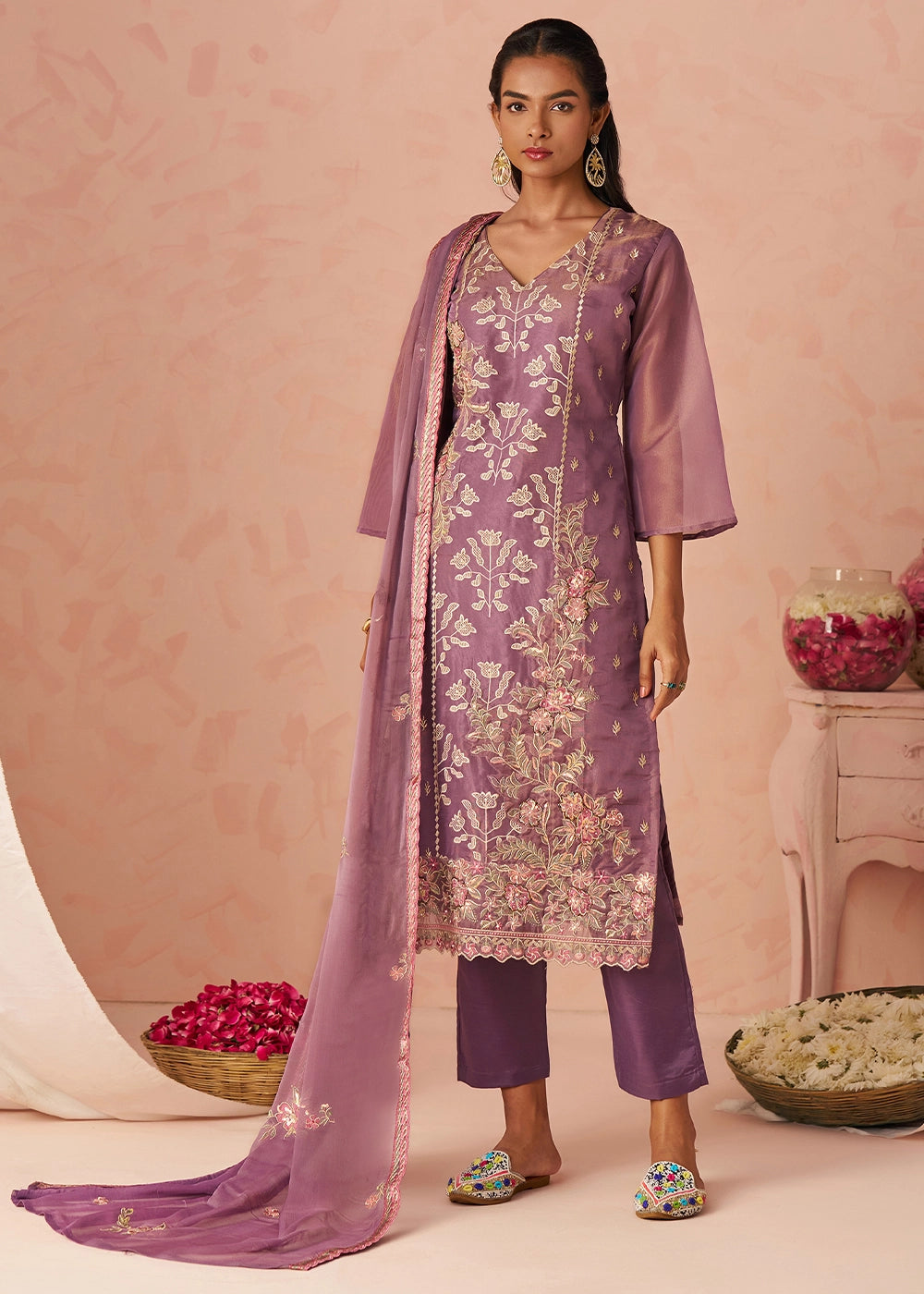 Royal Purple Floral Embroidered Silk Straight Suit with Chiffon Dupatta