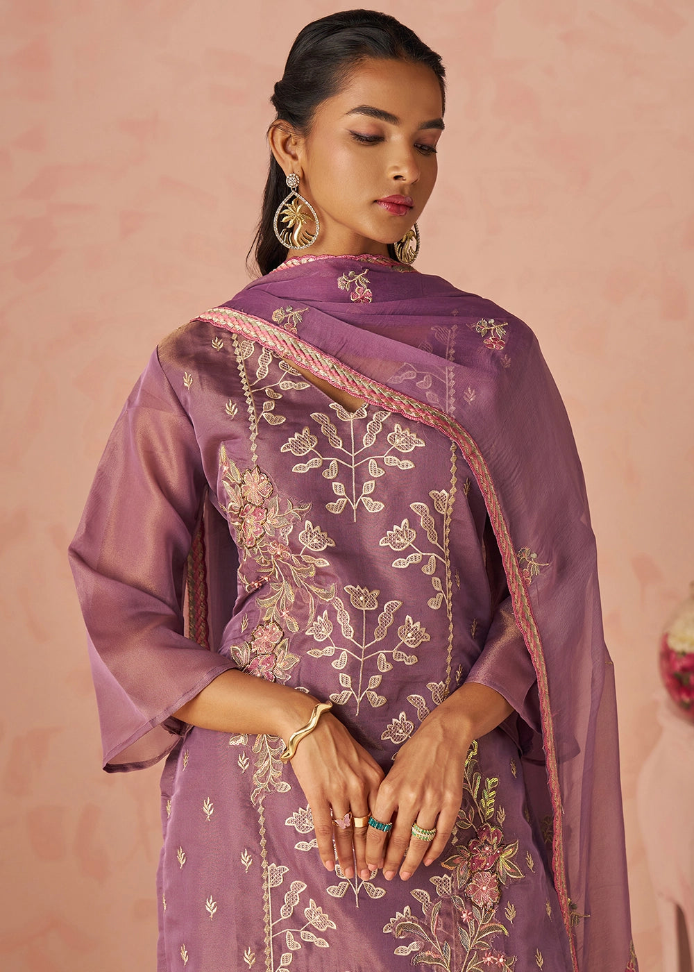 Royal Purple Floral Embroidered Silk Straight Suit with Chiffon Dupatta