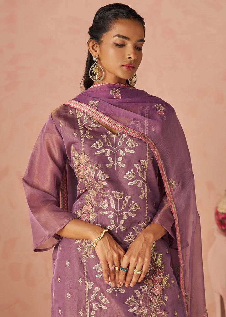 Royal Purple Floral Embroidered Silk Straight Suit with Chiffon Dupatta