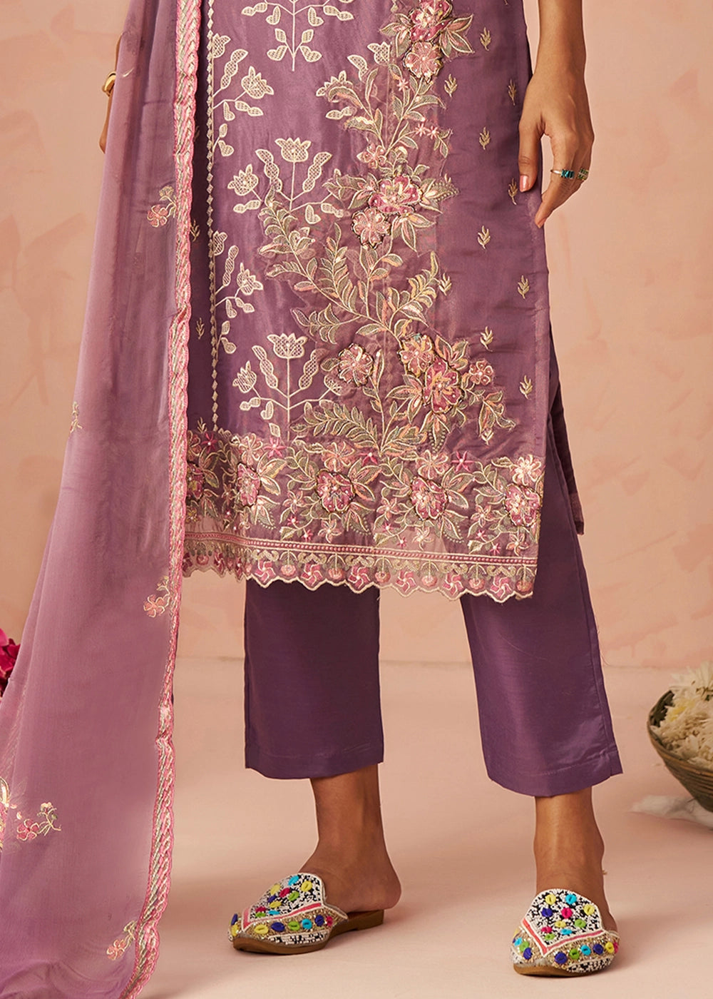 Royal Purple Floral Embroidered Silk Straight Suit with Chiffon Dupatta