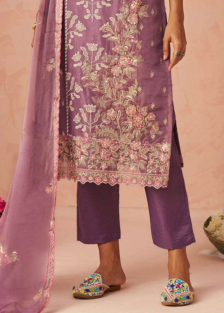 Royal Purple Floral Embroidered Silk Straight Suit with Chiffon Dupatta