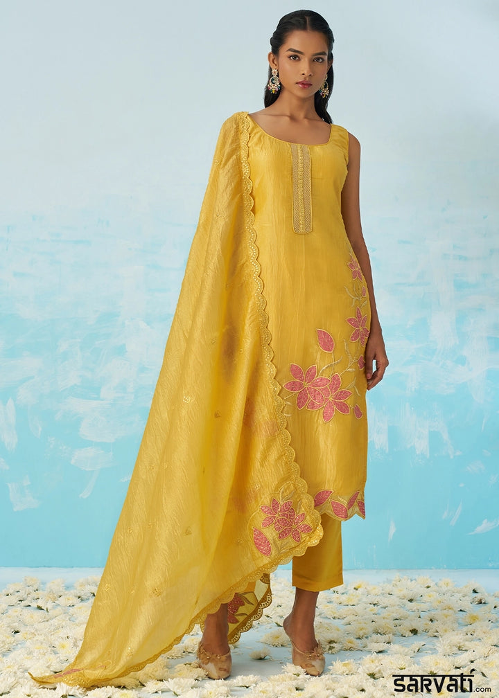 Auerolin Yellow Crush Organza Salwar Suit with Light Embroidery