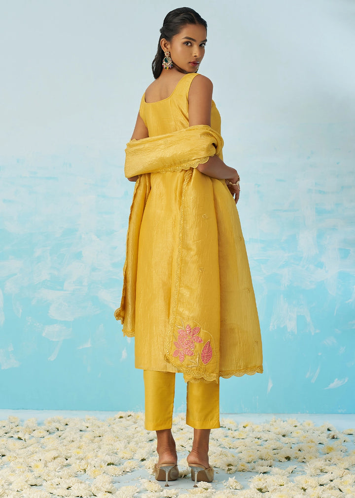 Auerolin Yellow Crush Organza Salwar Suit with Light Embroidery