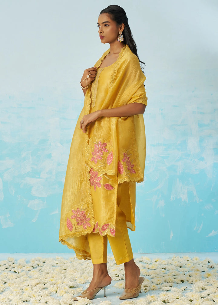 Auerolin Yellow Crush Organza Salwar Suit with Light Embroidery