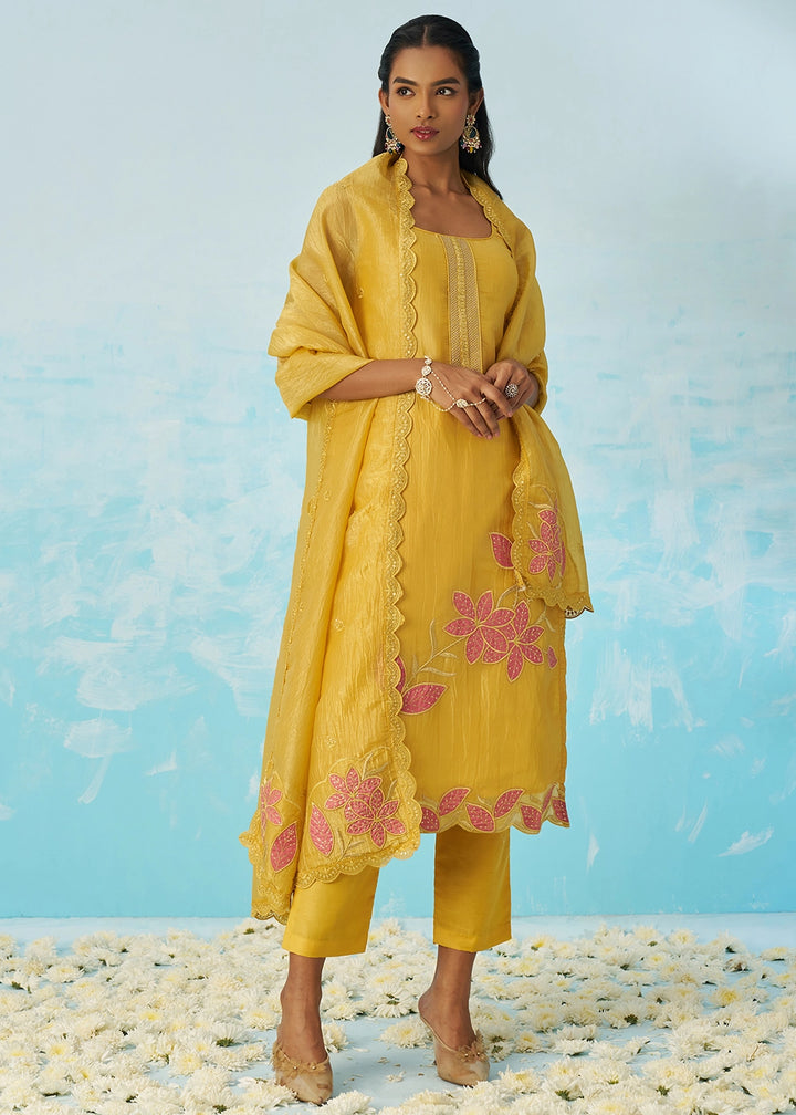 Auerolin Yellow Crush Organza Salwar Suit with Light Embroidery