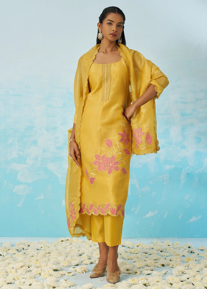 Auerolin Yellow Crush Organza Salwar Suit with Light Embroidery