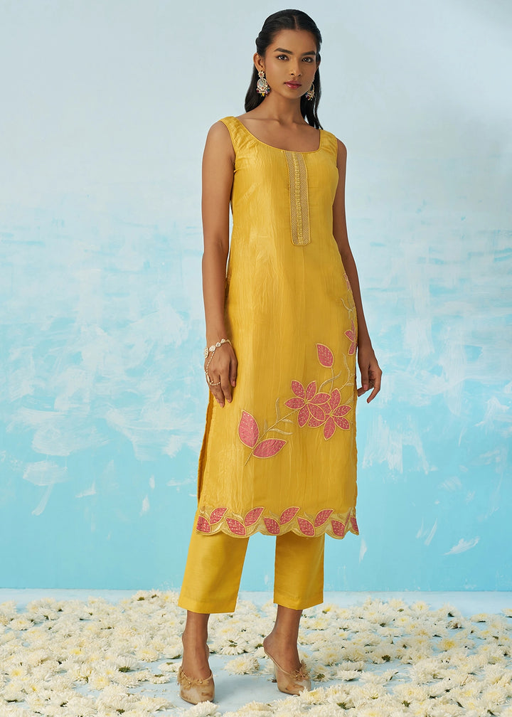 Auerolin Yellow Crush Organza Salwar Suit with Light Embroidery