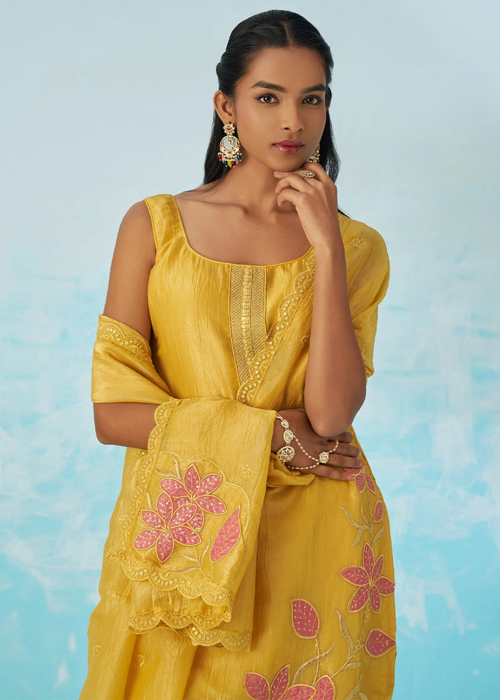 Auerolin Yellow Crush Organza Salwar Suit with Light Embroidery