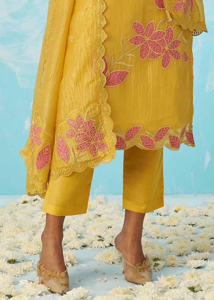 Auerolin Yellow Crush Organza Salwar Suit with Light Embroidery