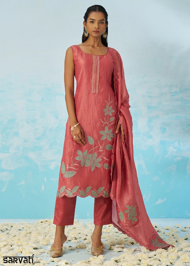 Punch Pink Crush Organza Salwar Suit with Light Embroidery