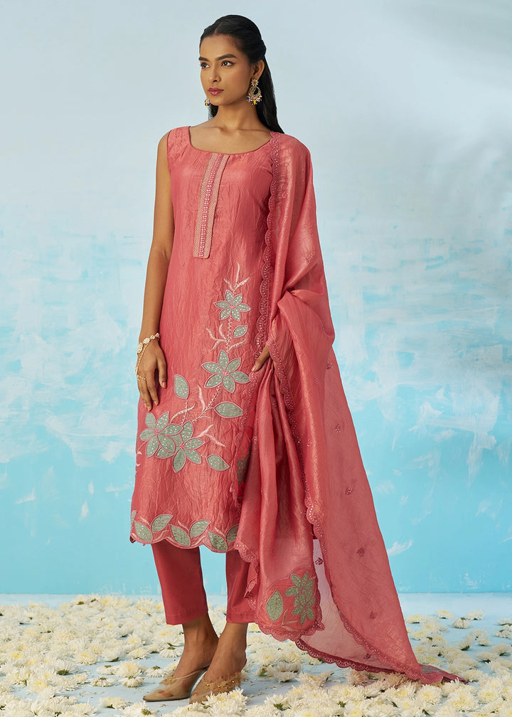 Punch Pink Crush Organza Salwar Suit with Light Embroidery