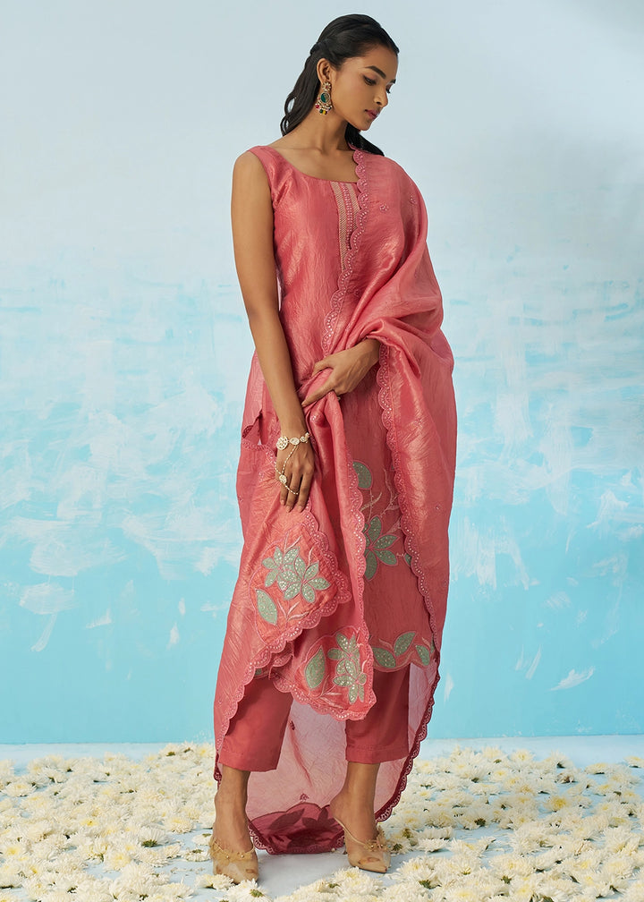 Punch Pink Crush Organza Salwar Suit with Light Embroidery