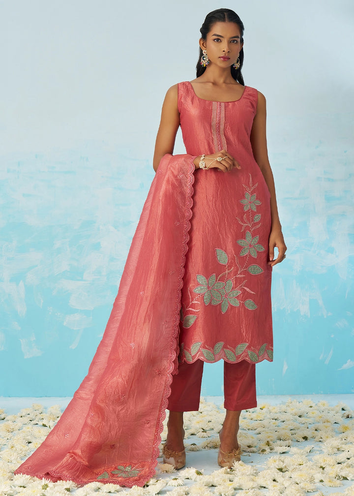 Punch Pink Crush Organza Salwar Suit with Light Embroidery