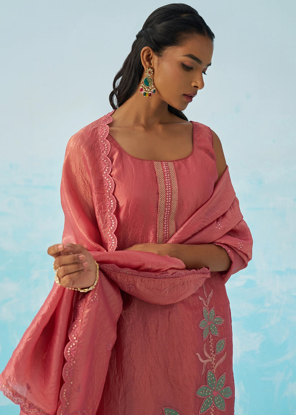 Punch Pink Crush Organza Salwar Suit with Light Embroidery
