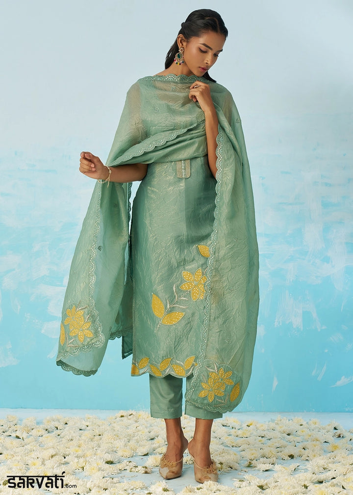 Light Turquoise Blue Crush Organza Salwar Suit with Light Embroidery