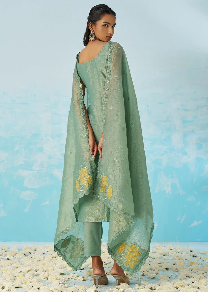 Light Turquoise Blue Crush Organza Salwar Suit with Light Embroidery