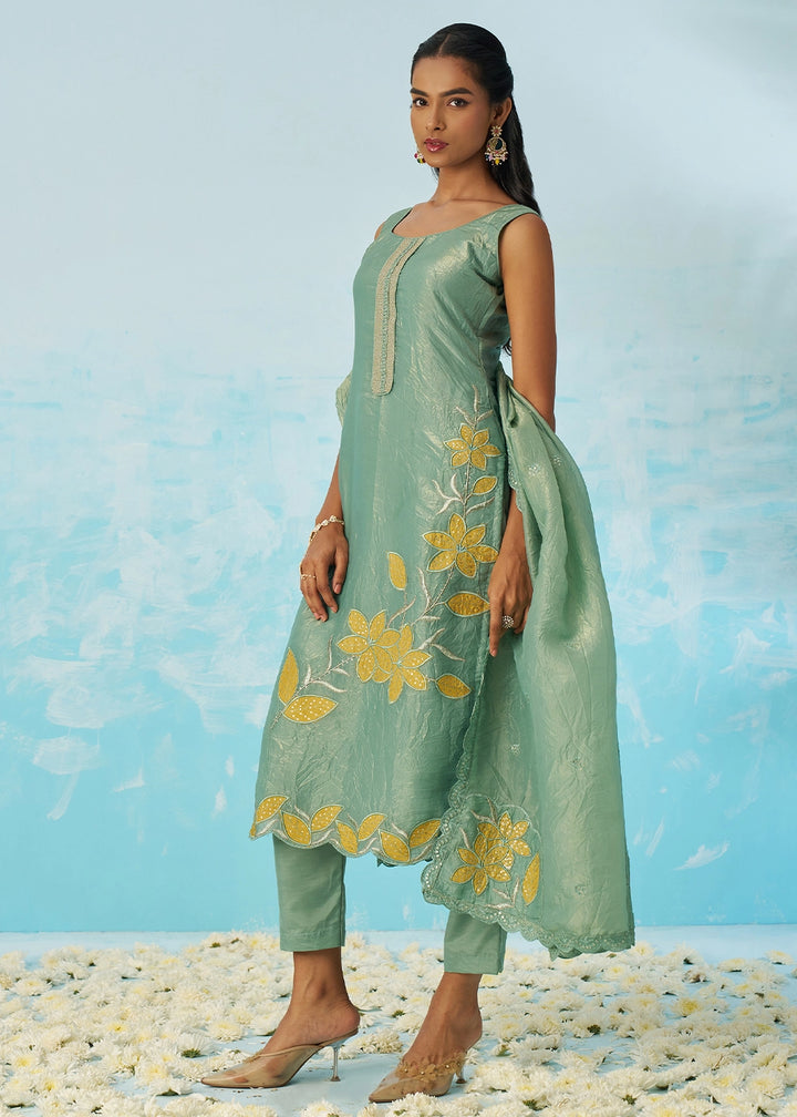 Light Turquoise Blue Crush Organza Salwar Suit with Light Embroidery