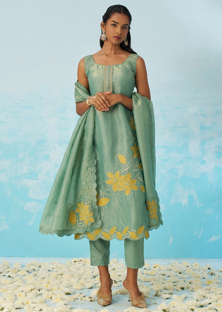 Light Turquoise Blue Crush Organza Salwar Suit with Light Embroidery