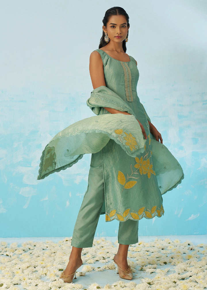 Light Turquoise Blue Crush Organza Salwar Suit with Light Embroidery